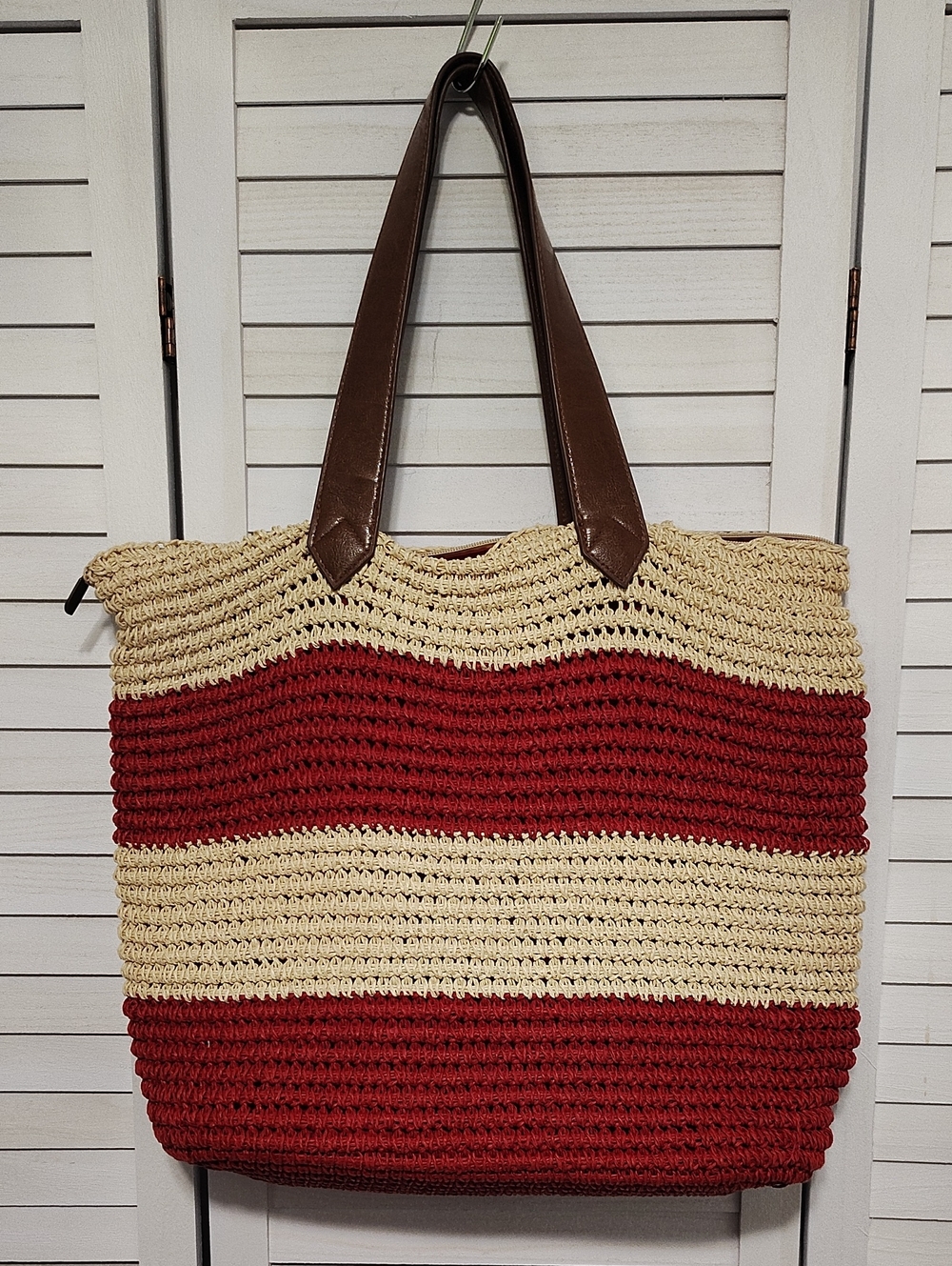 Sun and Sail Striped Red and Cream Woven Tote with Brown Leather Handles